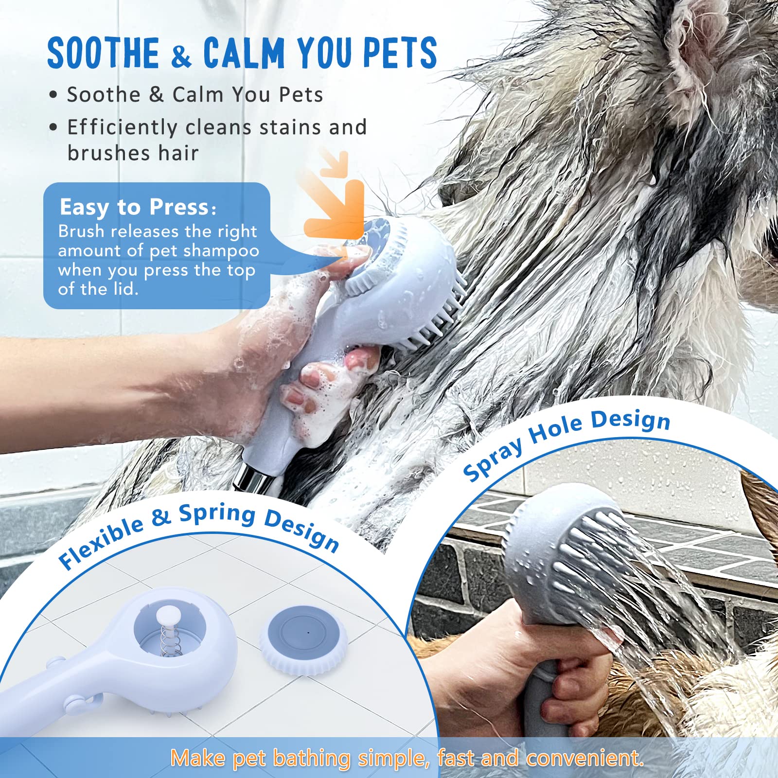 FORTAPURE Q-042 Dog Shower Bath Brush with Pet Shampoo Dispenser Product Detail