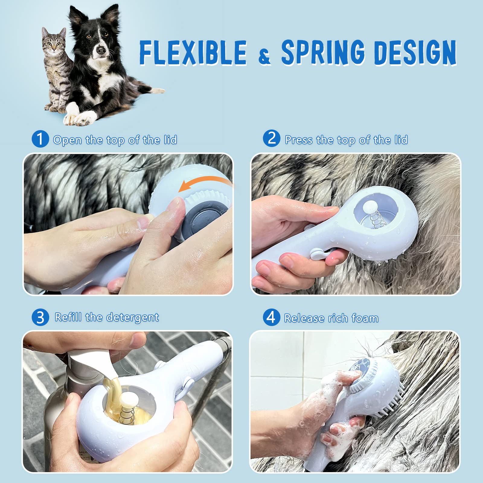 FORTAPURE Q-042 Dog Shower Bath Brush with Pet Shampoo Dispenser Product Detail