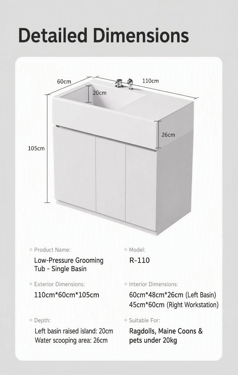 FORTAPURE R-110A Tina de Baño de Acrílico de Baja Presión para Mascotas Detalle del Producto