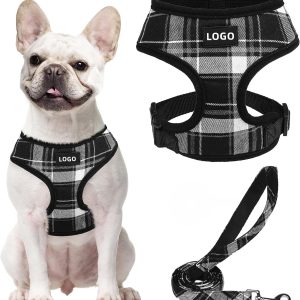 FORTAPURE KL-H20250320-4 British Style Plaid Dog Harness Vest in Black (Customized Luxury Fabric)
